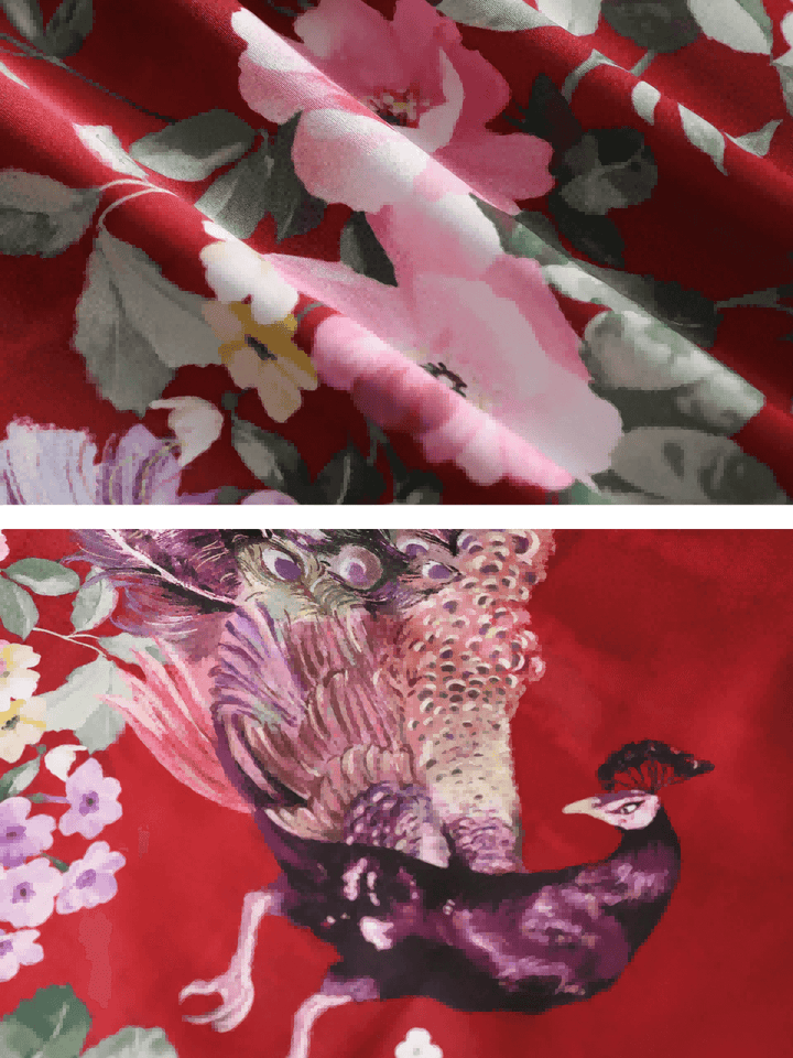 Peacock Red Kimono Robe featuring luxurious floral and peacock prints on soft fabric.
