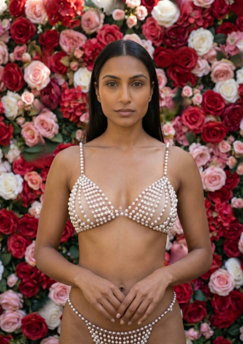 Perola Bra Set showcasing pearls and cascading beaded details against a floral background.
