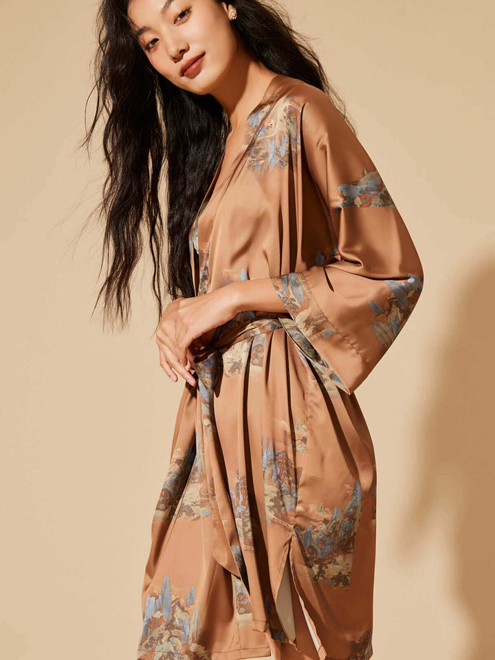 Short Kimono Robe Landscape featuring a model in a luxurious landscape print robe.
