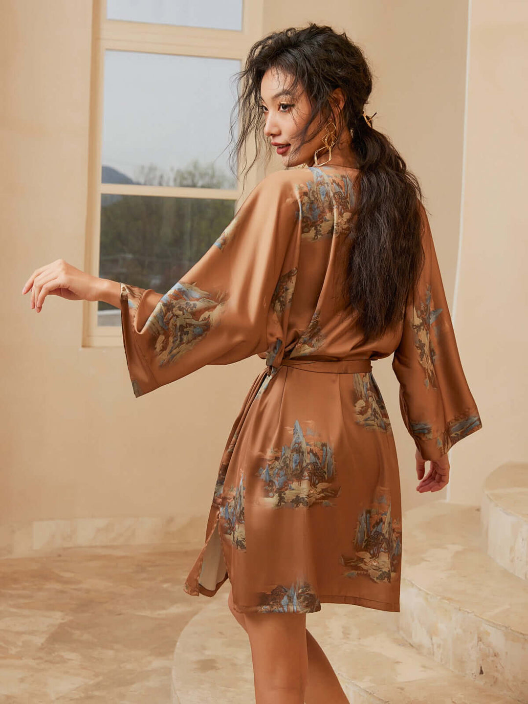 Short Kimono Robe Landscape featuring a beautiful landscape print and silky fabric for luxury comfort.