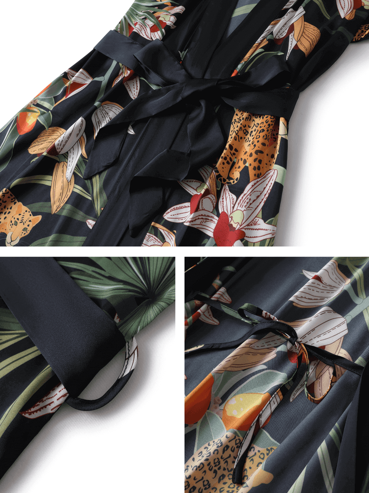 Short Kimono Robe Black Leopard featuring detailed floral and leopard print design with silk-like texture.