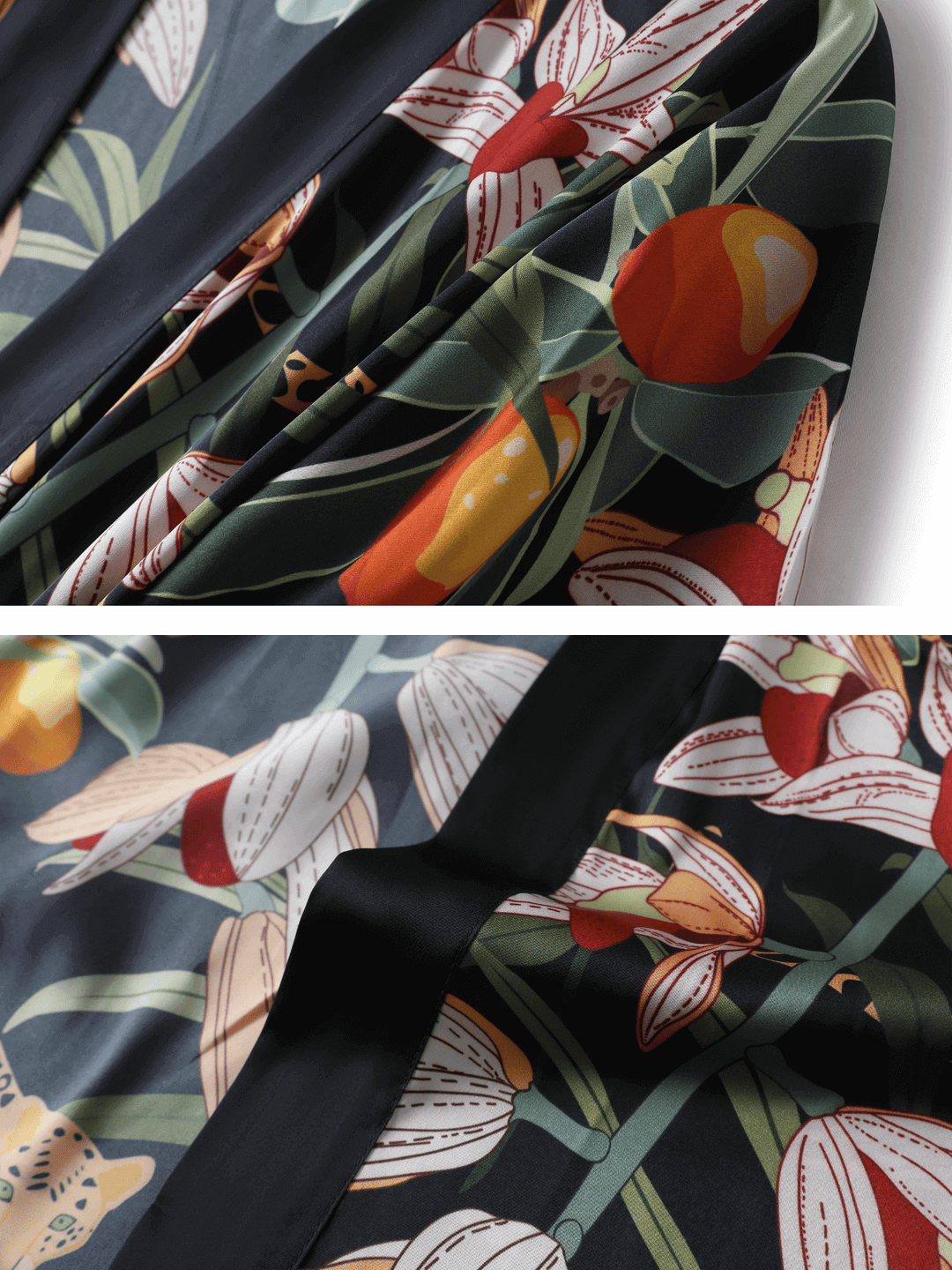 Close-up of the Short Kimono Robe Black Leopard showcasing floral patterns and silky texture.