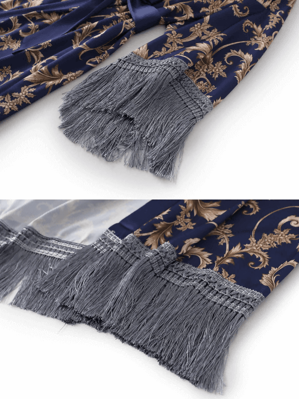 Close-up of the luxurious tassels on the Tassels Blue Kimono Robe, showcasing exquisite detail and elegance.