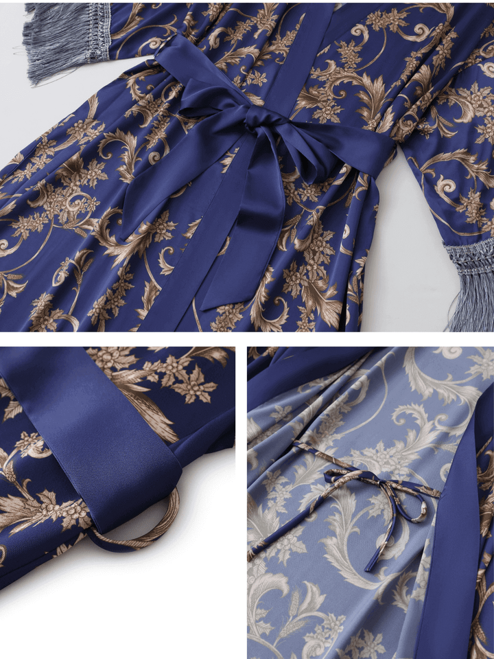 Tassels Blue Kimono Robe featuring luxurious floral pattern and silky fabric for elegant comfort.