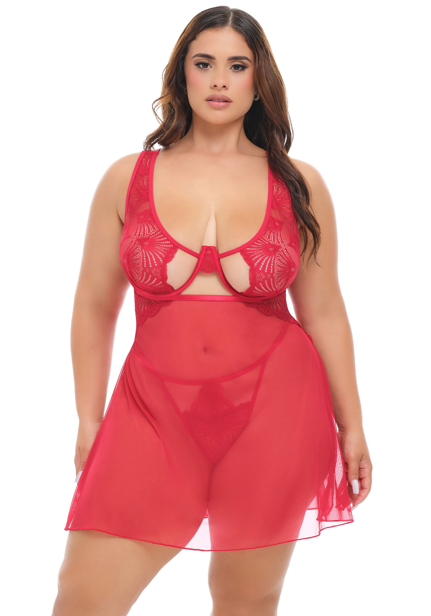 Tiana Mesh Babydoll Set featuring sheer mesh and lace cutouts in a seductive red hot lingerie design.