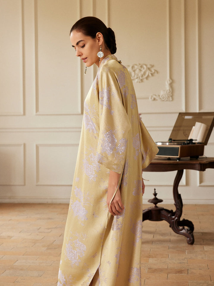 Reversible Lavender & Gold Jacquard Kimono Robe worn elegantly by a model in a stylish room.