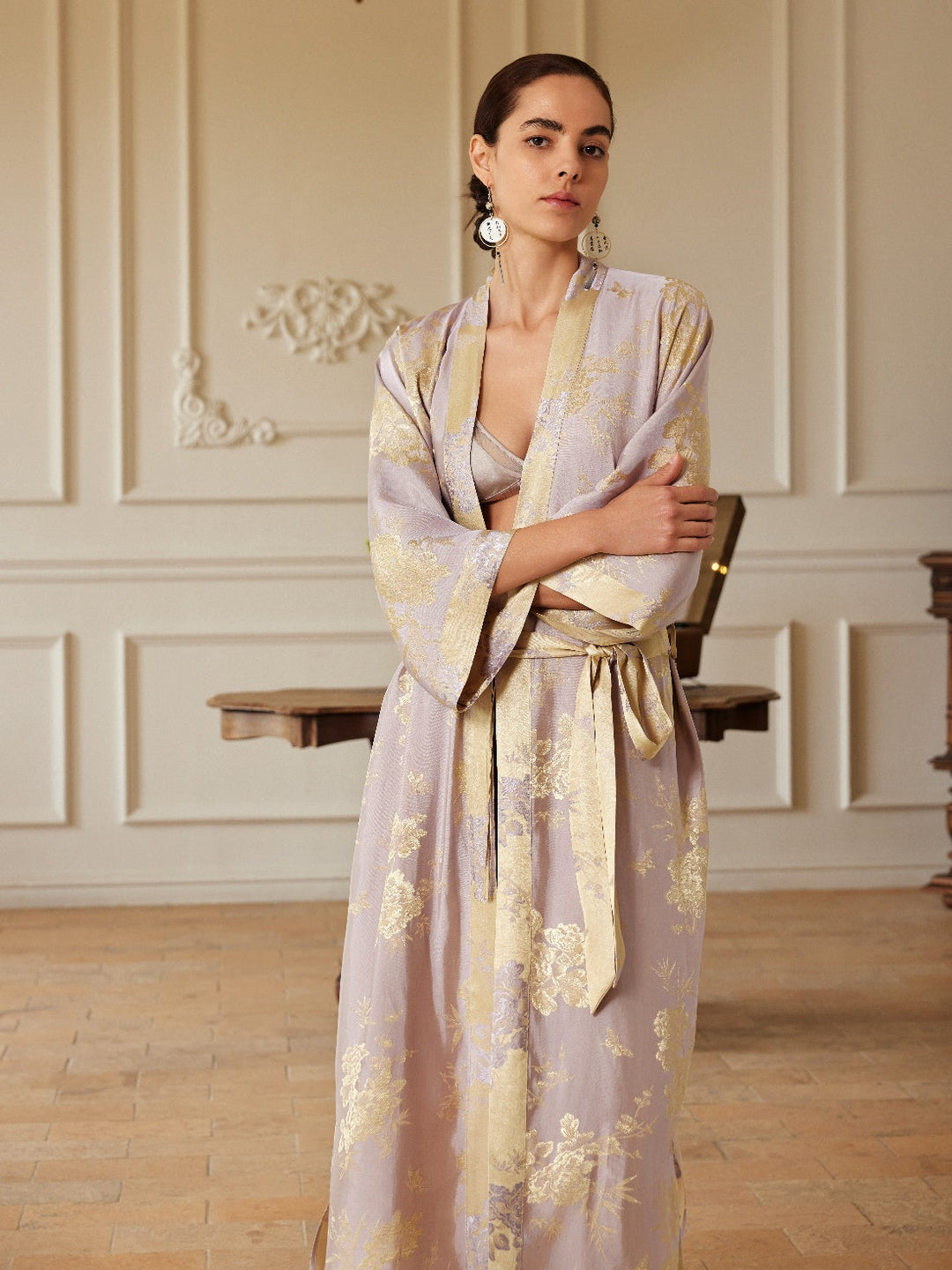 Reversible Lavender & Gold Jacquard Kimono Robe worn by a model, showcasing luxury design and elegant colors.
