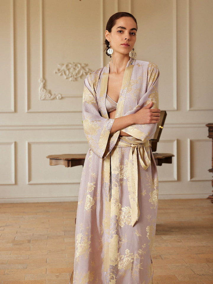 Reversible Lavender & Gold Jacquard Kimono Robe worn by a model, showcasing luxury design and elegant colors.