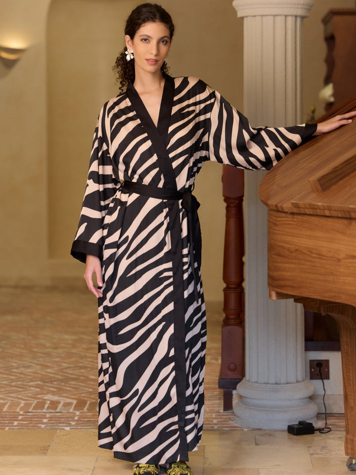Black Zebra Stripe Kimono Robe featuring a bold zebra stripe pattern, enhancing luxury and effortless style.