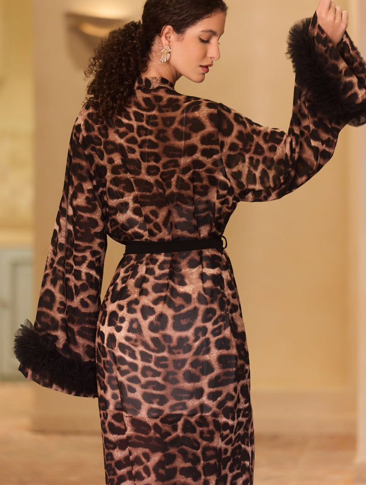 Wild Leopard Kimono Robe showcasing a stylish back view with bold leopard print and elegant black ring detail