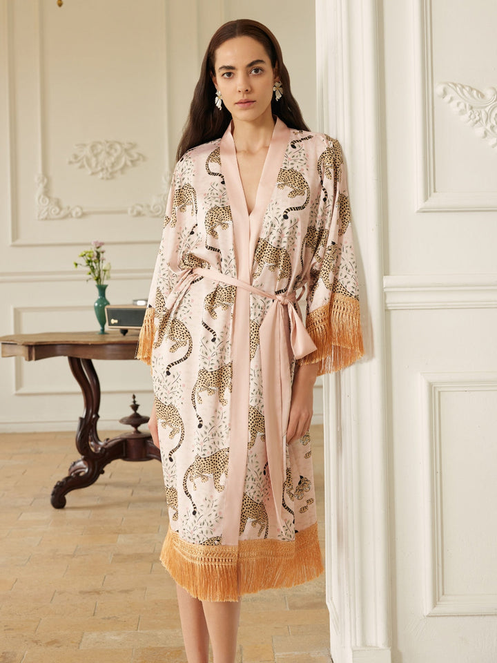 Pink Leopard Tassel Kimono Robe showcased in a stylish setting with elegant tassels and chic design.