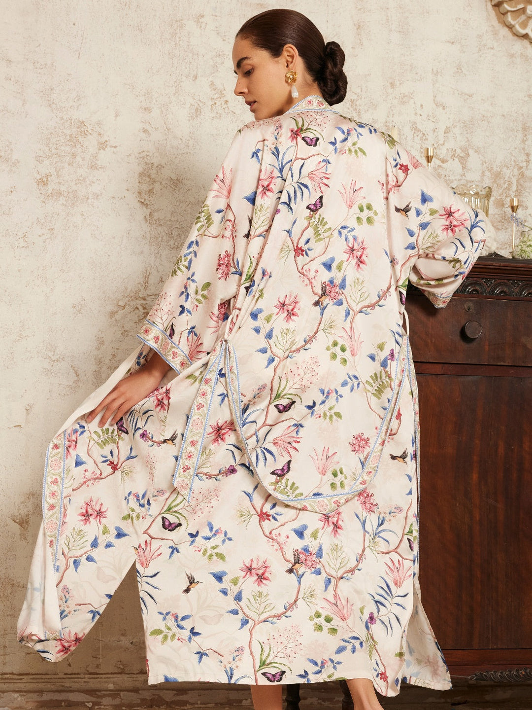 Beige Chinoiserie Floral Long Kimono Robe with Pockets showcasing intricate floral patterns and elegant design.