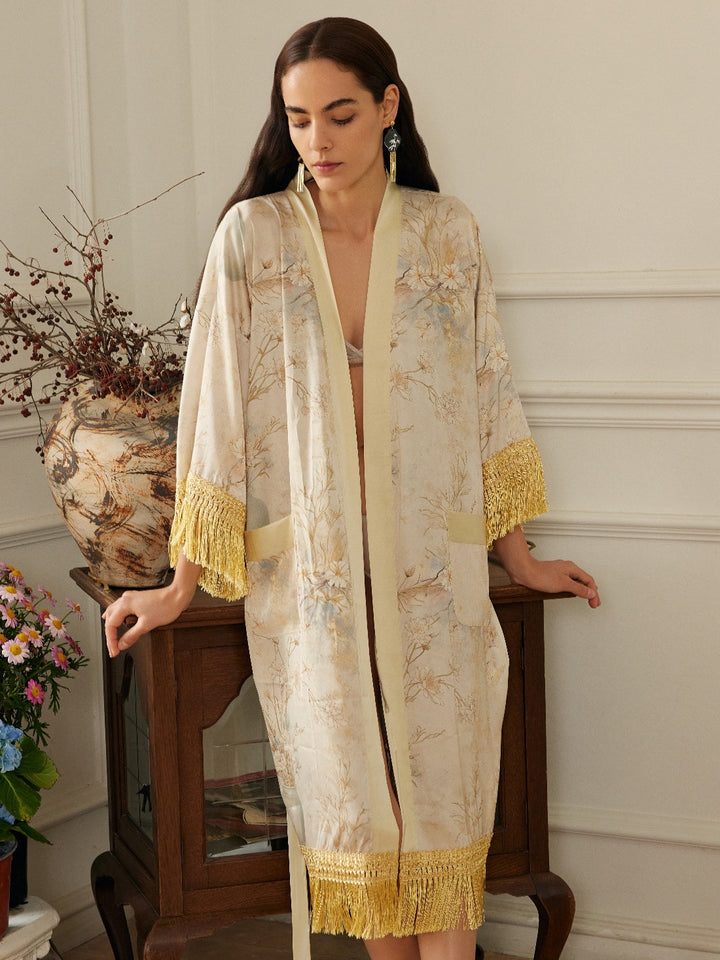 Gold Eastern Floral Vase Kimono Robe with Pockets featuring floral design and luxurious gold tassels.