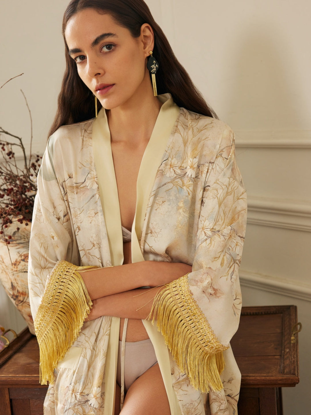 Gold Eastern Floral Vase Kimono Robe with Pockets elegantly displayed, featuring luxurious gold tassels and floral patterns.