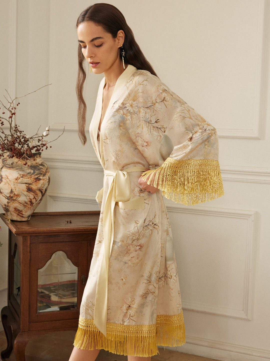 Gold Eastern Floral Vase Kimono Robe with Pockets showcasing luxurious design and tassels, perfect for elegant occasions.