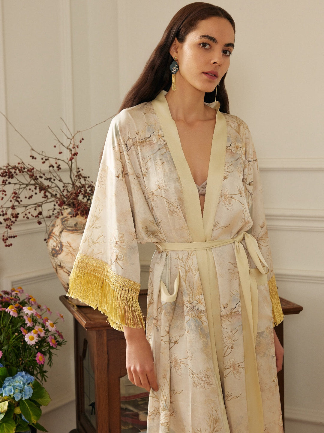 Gold Eastern Floral Vase Kimono Robe with Pockets, featuring champagne gold chrysanthemum design and luxurious tassels.