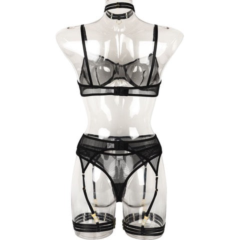 Unspoken Edge Sheer Mesh Garter 5 Piece Set displayed on a clear mannequin, featuring black mesh and structured underwire.