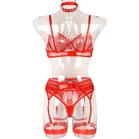Unspoken Edge Sheer Mesh Garter 5 Piece Set in fiery red, showcasing structured underwire cups and bold garter belt.