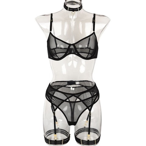 Unspoken Edge Sheer Mesh Garter 5 Piece Set by Lingerie by Coco in black displayed on a mannequin.