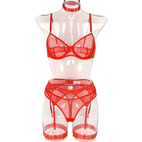 Unspoken Edge Sheer Mesh Garter 5 Piece Set in fiery red by Lingerie by Coco, showcasing sheer mesh and structured underwire.