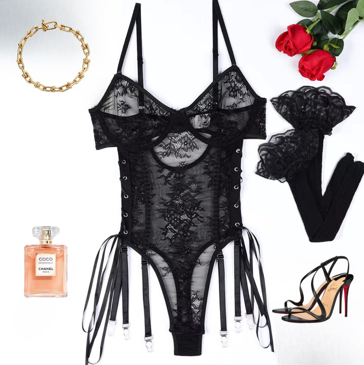 Vienna Lace-Up Sheer Lace 2pc Black Bodysuit with floral lace and matching thigh-high stockings