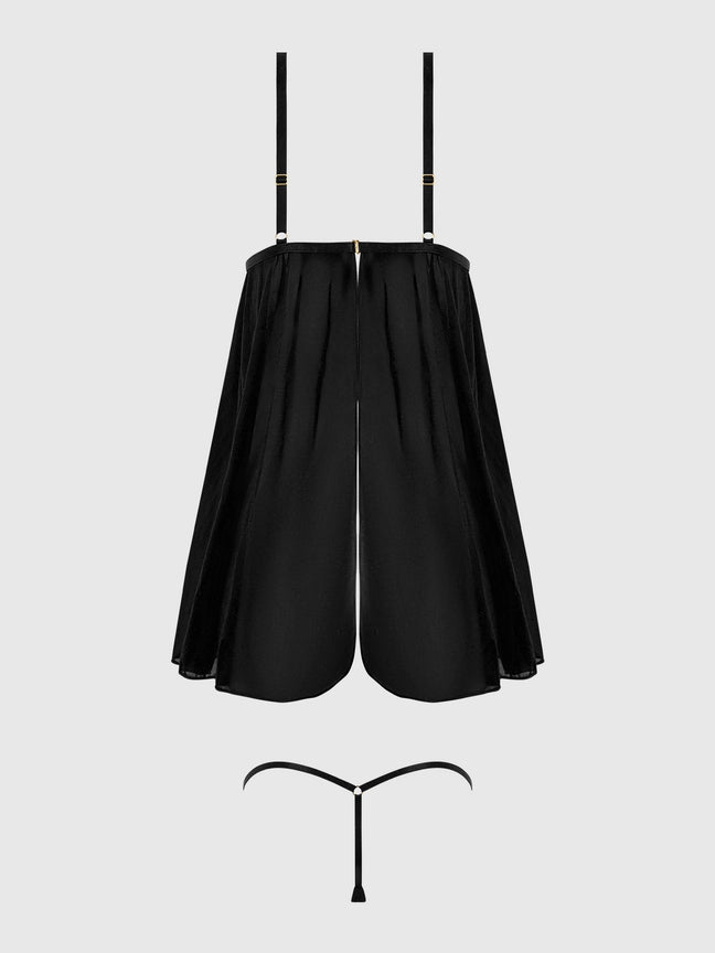 Yasmine Shimmer Mesh O-Ring Slit Cup Babydoll Set with sheer g-string panty and adjustable straps, black design.