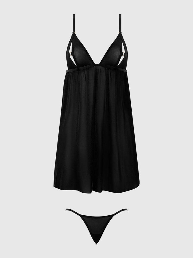 Yasmine Shimmer Mesh O-Ring Babydoll Set in black with sheer g-string, designed for seductive appeal and adjustable straps.