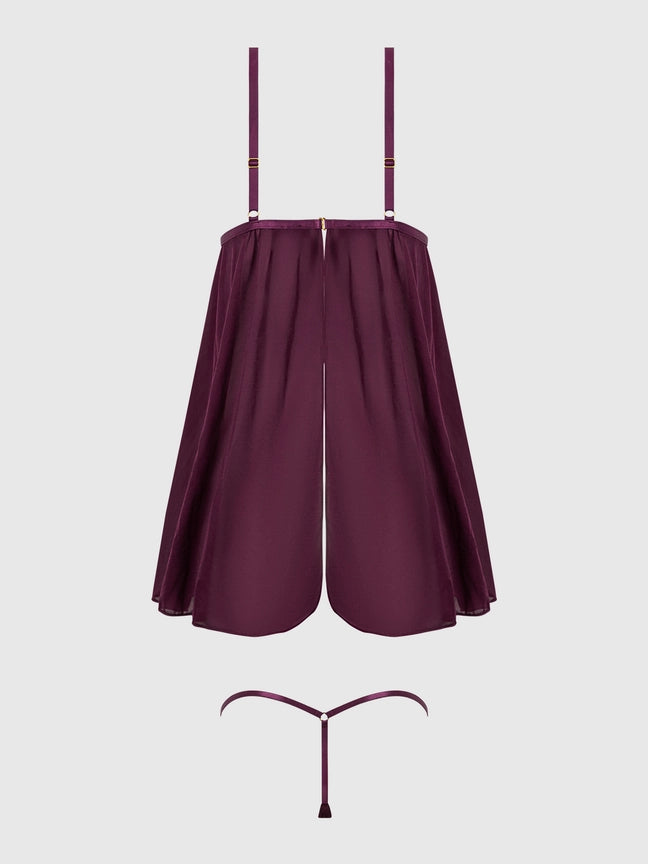Yasmine Shimmer Mesh O-Ring Slit Cup Babydoll Set in deep purple with sheer g-string, featuring adjustable straps.