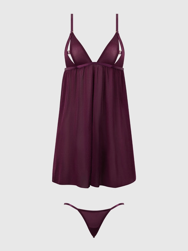 Yasmine Shimmer Mesh O-Ring Slit Cup Babydoll Set with sheer g-string in deep burgundy color.