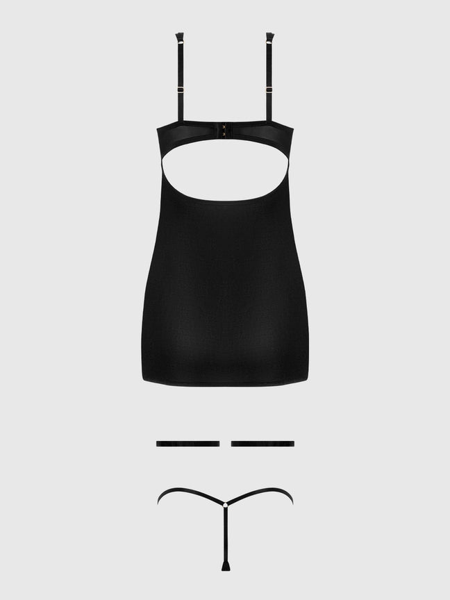 Yasmine Shimmer Mesh O-Ring Thigh Garter Chemise Set featuring underwired cups and sheer G-string panty.