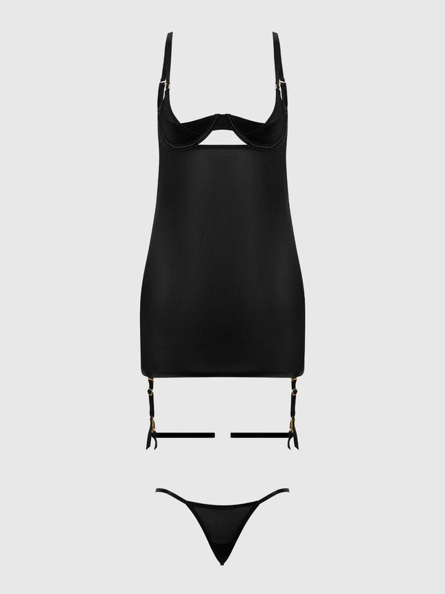 Yasmine Shimmer Mesh O-Ring Thigh Garter Chemise Set with g-string, featuring underwired cups and thigh garters.