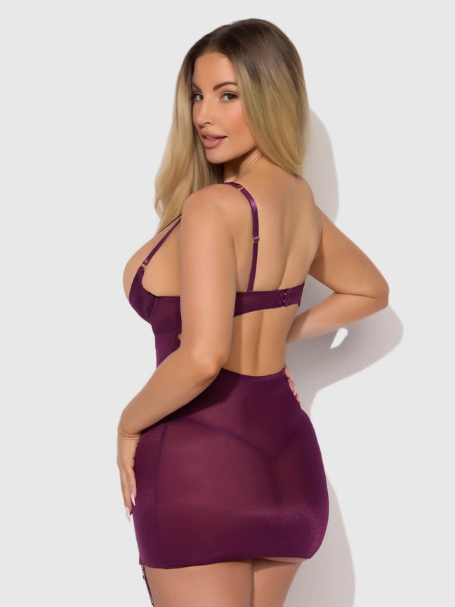 Back view of a model in a purple shimmering mesh O-ring garter chemise set, featuring underwired cups and flirty thigh garters.