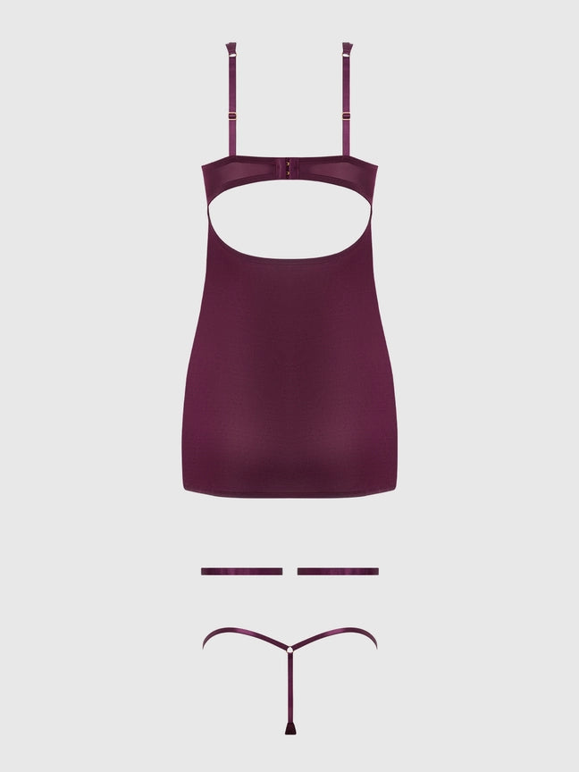 Yasmine Shimmer Mesh O-Ring Thigh Garter Chemise Set in deep burgundy, featuring adjustable straps and sheer g-string.
