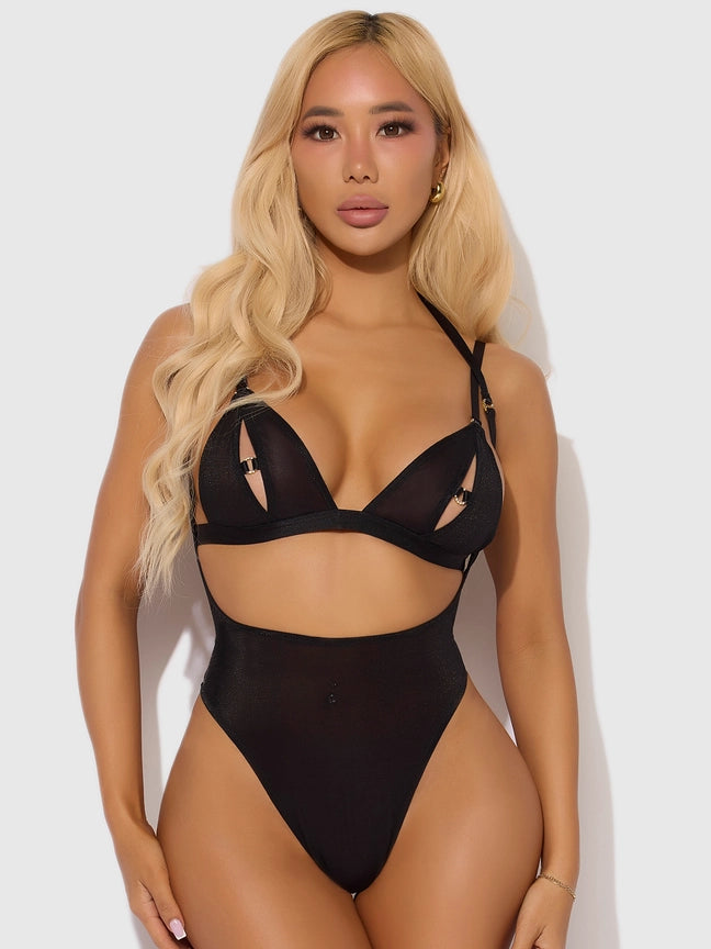 Yasmine Shimmer Peekaboo Bralette and Backless Teddy Set in black with rhinestone details and high-leg design