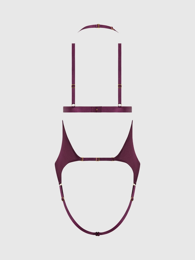 Yasmine Shimmer Peekaboo Bralette and Backless Teddy Set in rich burgundy with adjustable straps and O-ring details.