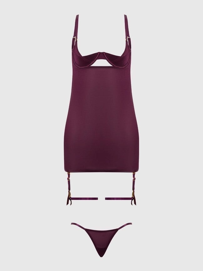 Yasmine Shimmer Mesh O-Ring Thigh Garter Chemise Set in deep burgundy with underwired cups and sheer g-string.