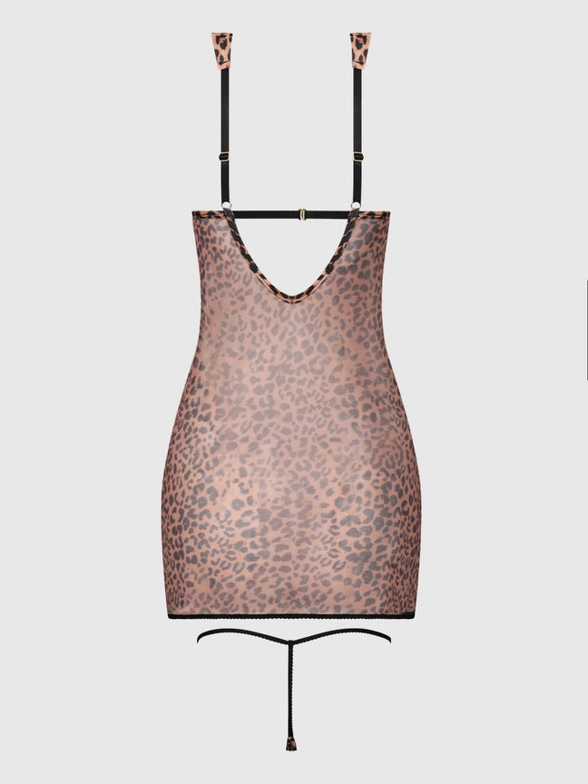 Alia Leopard Mesh Underwire Chemise Set featuring leopard print design and adjustable straps for a flattering fit.