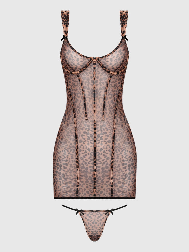 Alia Leopard Mesh Underwire Chemise Set featuring leopard print and sheer mesh design with underwire support.