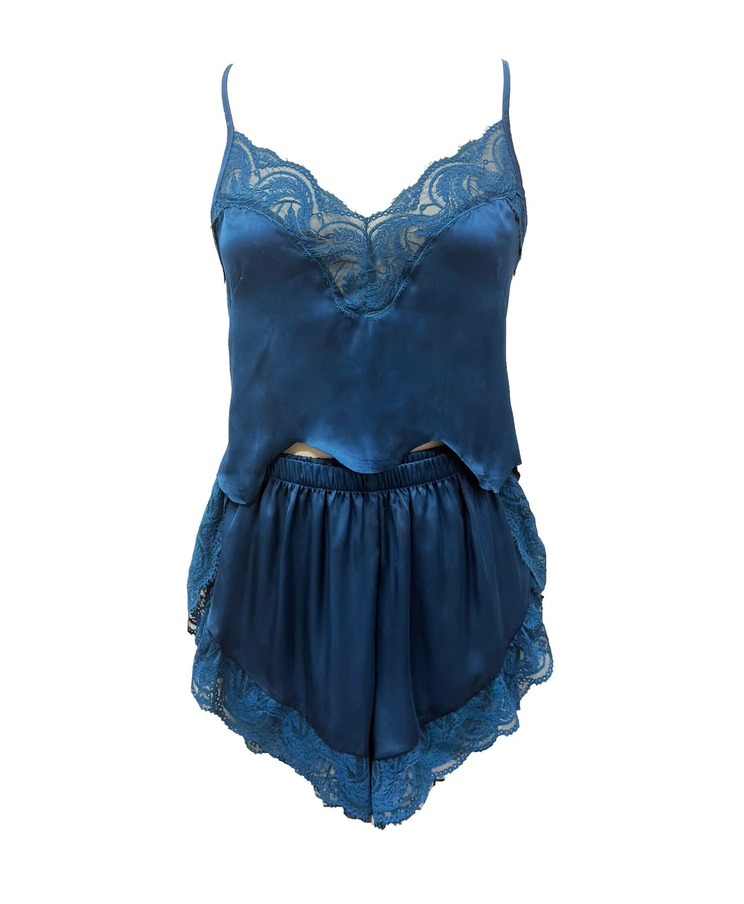 Hydros Satin and Lace Cami and Shorts Set in luxurious blue satin with lace details and scalloped edges.