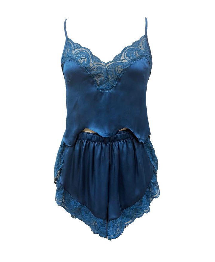 Hydros Satin and Lace Cami and Shorts Set in luxurious blue satin with lace details and scalloped edges.