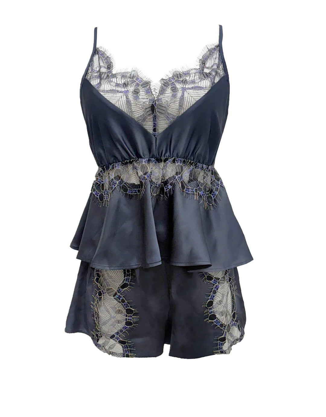 Navy blue lace lingerie set on a white background