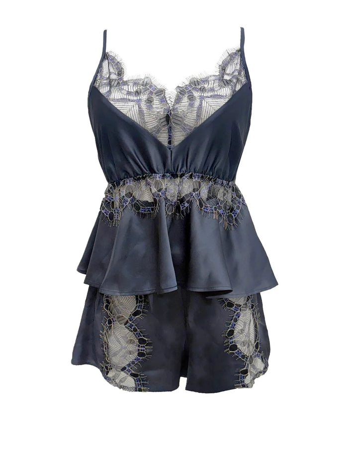 Navy blue lace lingerie set on a white background