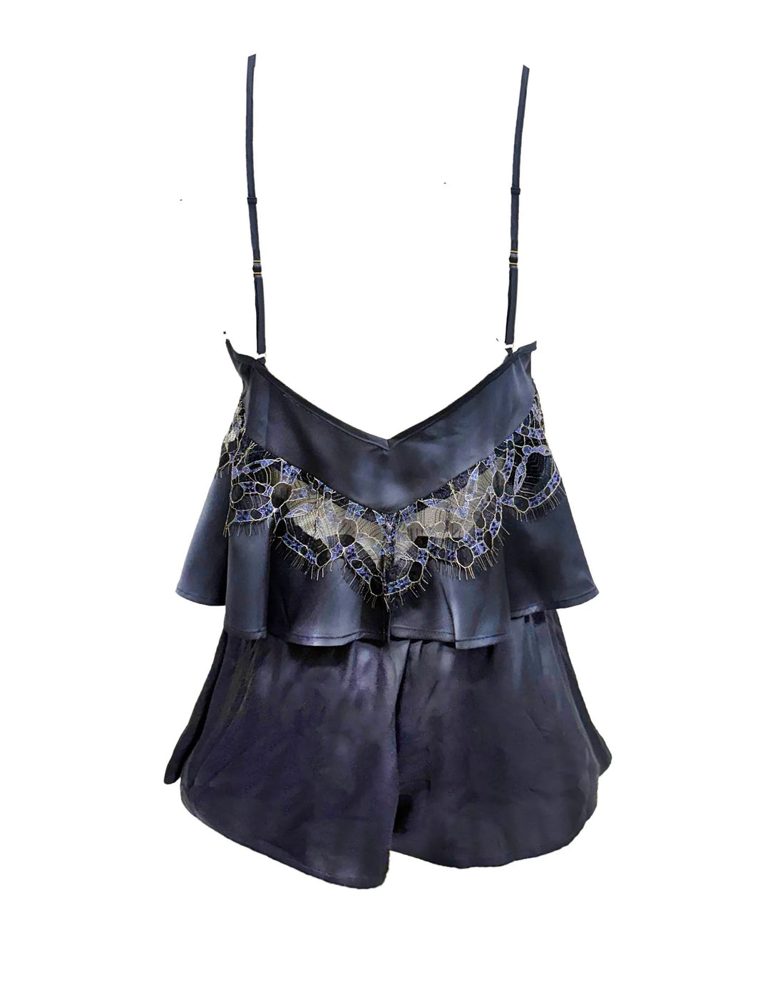 Dark blue lace-trimmed top with ruffled layers on a white background