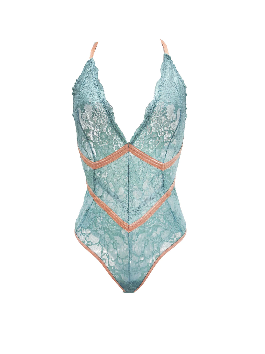 Humantay Vintage Turquoise Stretch Bodysuit in luxurious stretch lace with contrasting seaming.