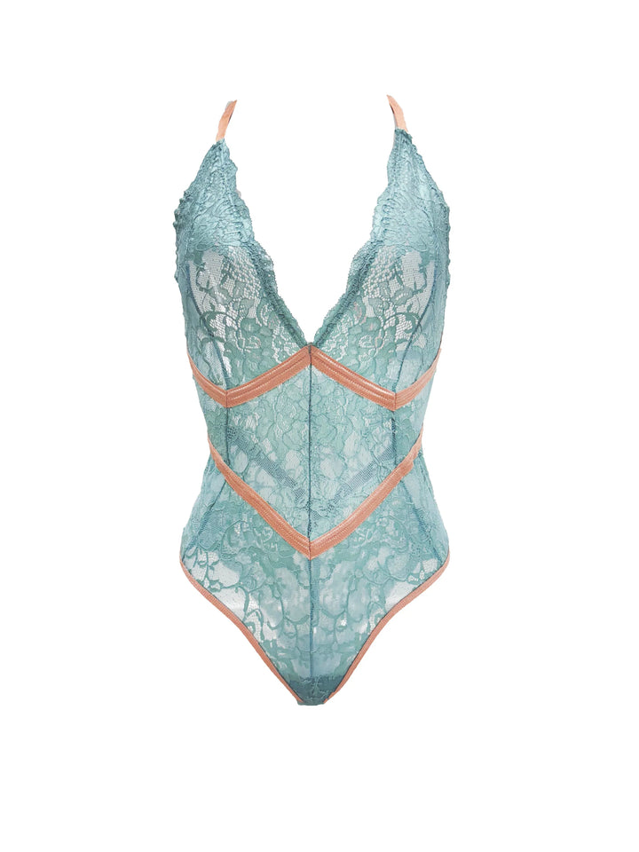 Humantay Vintage Turquoise Stretch Bodysuit in luxurious stretch lace with contrasting seaming.