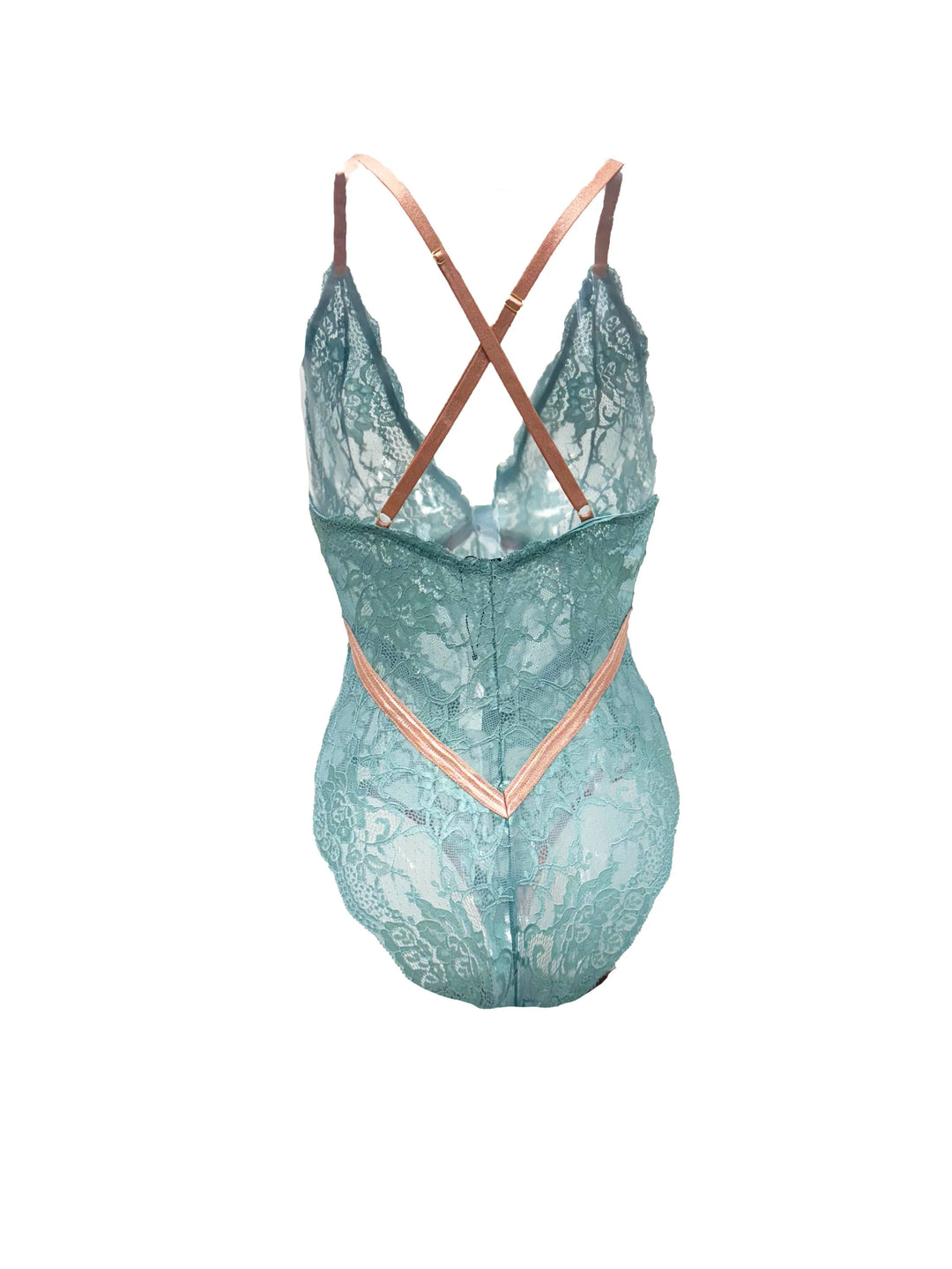Humantay Vintage Turquoise Stretch Bodysuit featuring criss-cross straps and luxurious lace design.