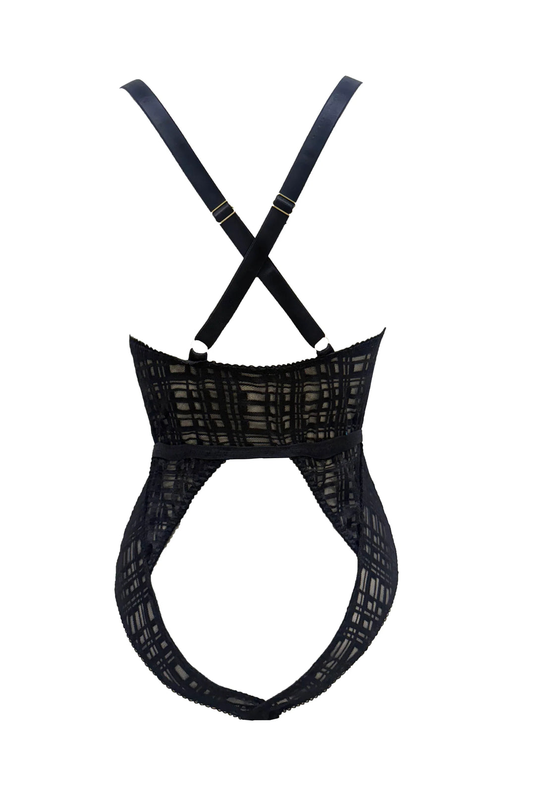 Inca Trail Stretch Ouvert Bodysuit back view showing geometric check stretch tulle in elegant black, best lingerie look.