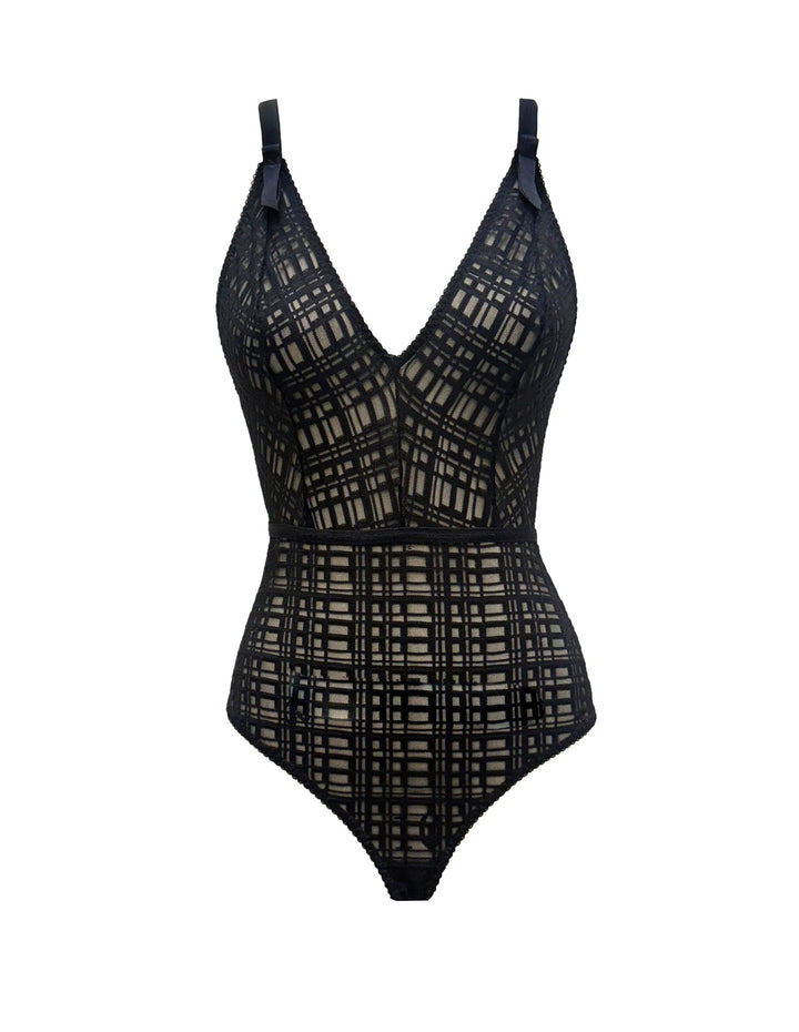 Inca Trail Stretch Ouvert Bodysuit in geometric check stretch tulle, elegant black, V-neckline, daring ouvert back.