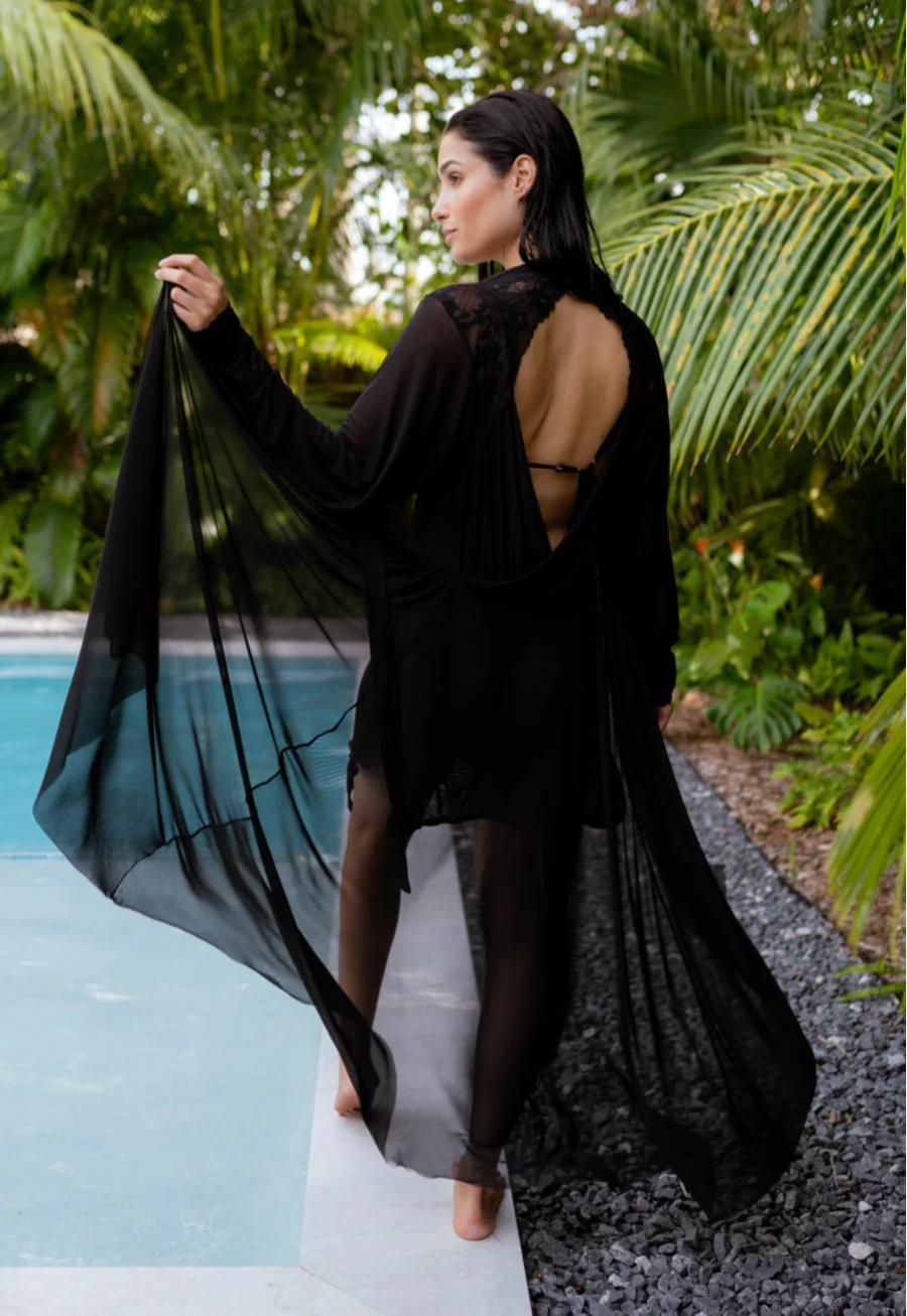 Sheer Terminator Lace, Tulle and Satin Long Draped Back Robe by Carol Coelho Intimates 