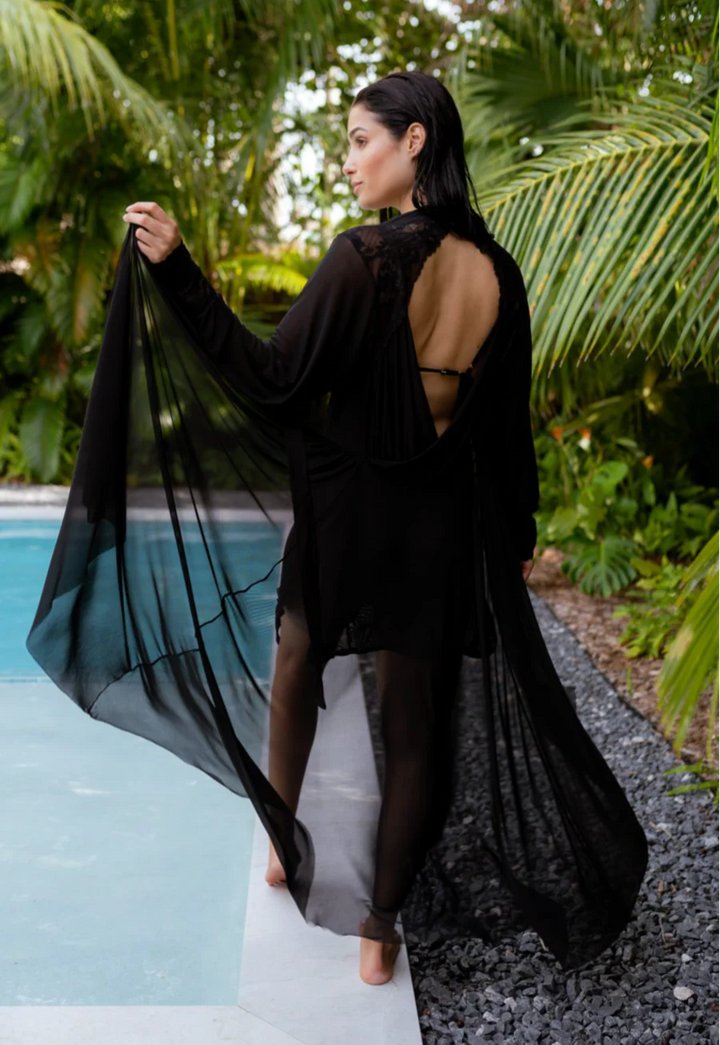 Sheer Terminator Lace, Tulle and Satin Long Draped Back Robe by Carol Coelho Intimates 